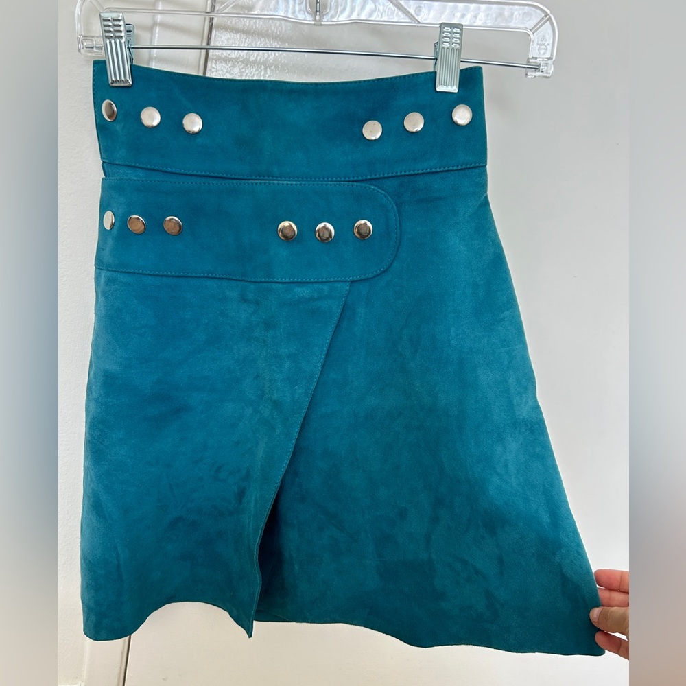 NWT MAJE Joseph Teal Suede suede wrap Mini Skirt with Silver Accents